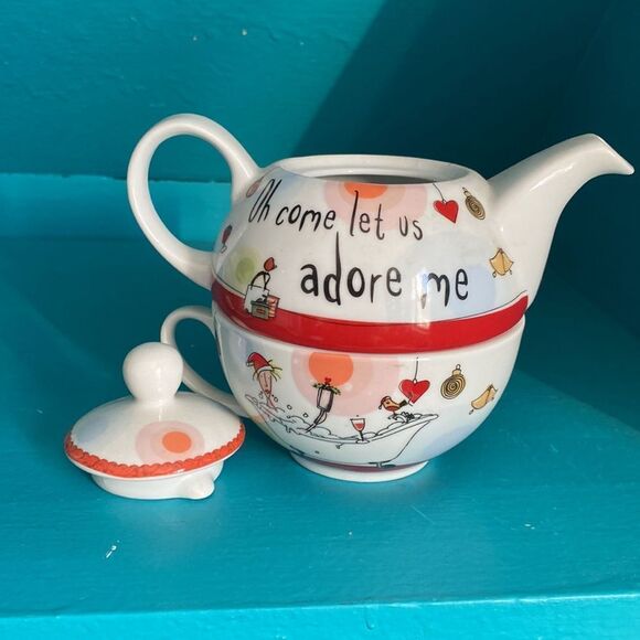 Whimsical Born To Shop Tea for One Stacking Cup & Teapot Oh Come Let Us Adore Me - Picture 4 of 7